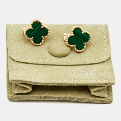 Pre Owned Van Cleef & Arpels Vintage Alhambra Malachite 18k Yellow Gold Earrings