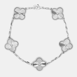 Pre Owned Van Cleef & Arpels Vintage Alhambra Guilloché 5 Motif 18K White Gold Station Bracelet