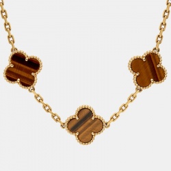 Pre Owned Van Cleef & Arpels Vintage Alhambra Tiger's Eye 18k Yellow Gold 5-Motif Bracelet
