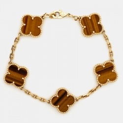 Pre Owned Van Cleef & Arpels Vintage Alhambra Tiger's Eye 18k Yellow Gold 5-Motif Bracelet