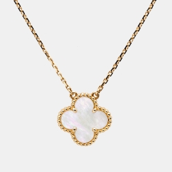 Pre Owned Van Cleef & Arpels Vintage Alhambra Mother of Pearl 18k Yellow Gold Pendant Necklace