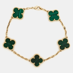 Pre Owned Van Cleef & Arpels Vintage Alhambra Malachite 5 Motif 18k Yellow Gold Station Bracelet