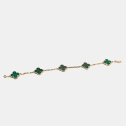 Pre Owned Van Cleef & Arpels Vintage Alhambra Malachite 5 Motif 18k Yellow Gold Station Bracelet