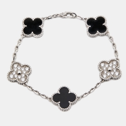 Pre Owned Van Cleef & Arpels Vintage Alhambra Onyx Diamond 18k White Gold 5 Motif Station Bracelet