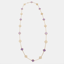 Pre Owned Van Cleef & Arpels Dubai Mall Edition Vintage Alhambra Diamond Porcelain 18k Yellow Gold 20 Motif Long Necklace