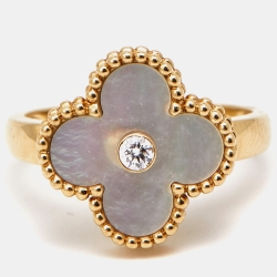 Pre Owned Van Cleef & Arpels Vintage Alhambra Diamond Mother of Pearl 18k Yellow Gold Ring Size 54