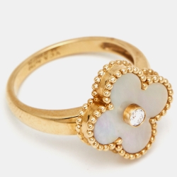 Pre Owned Van Cleef & Arpels Vintage Alhambra Diamond Mother of Pearl 18k Yellow Gold Ring Size 54