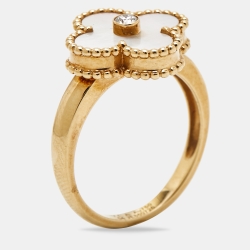 Pre Owned Van Cleef & Arpels Vintage Alhambra Diamond Mother of Pearl 18k Yellow Gold Ring Size 54