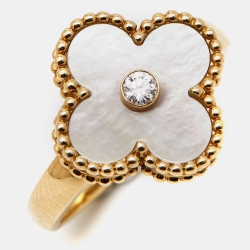Pre Owned Van Cleef & Arpels Vintage Alhambra Diamond Mother of Pearl 18k Yellow Gold Ring Size 54