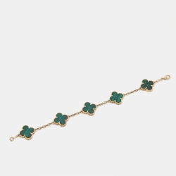 Pre Owned Van Cleef & Arpels Vintage Alhambra Malachite 5 Motif 18k Yellow Gold Bracelet