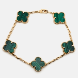 Pre Owned Van Cleef & Arpels Vintage Alhambra Malachite 18k Yellow Gold 5 Motif Station Bracelet