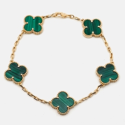 Pre Owned Van Cleef & Arpels Vintage Alhambra Malachite 18k Yellow Gold 5 Motif Station Bracelet
