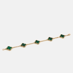 Pre Owned Van Cleef & Arpels Vintage Alhambra Malachite 18k Yellow Gold 5 Motif Station Bracelet