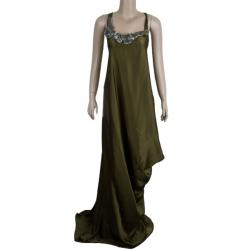 Pre Owned Vera Wang Silk Olive Green Dress L