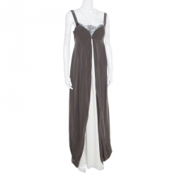 Pre Owned Vera Wang Grey and Cream Silk Lace Trimmed Sleeveless Evening Gown M