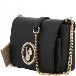 Pre Owned Versace Jeans Black Pebbled Leather Chain Flap Bag