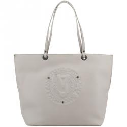 Pre Owned Versace Jeans Grey Faux Leather Logo Shopping Tote