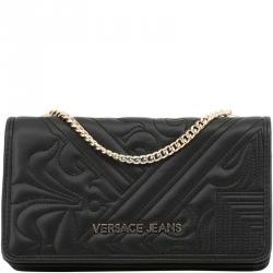 Pre Owned Versace Jeans Black Embossed Leather Chain Clutch Bag