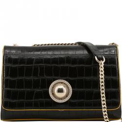 Pre Owned Versace Jeans Black Croc Embosed Faux Leather Chain Shoulder Bag