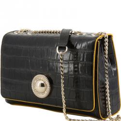 Pre Owned Versace Jeans Black Croc Embosed Faux Leather Chain Shoulder Bag