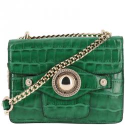 Pre Owned Versace Jeans Green Croc Embosed Leather Chain Crossbody Bag