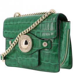 Pre Owned Versace Jeans Green Croc Embosed Leather Chain Crossbody Bag