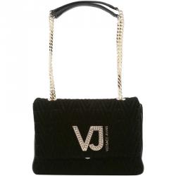 Versace Jeans Black Signature Fabric Chain Flap Bag