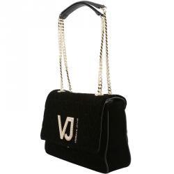Versace Jeans Black Signature Fabric Chain Flap Bag