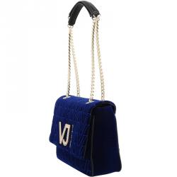 Versace Jeans Blue Signature Fabric Chain Flap Bag