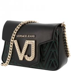 Pre Owned Versace Jeans Black Signature Leather Chain Crossbody Bag