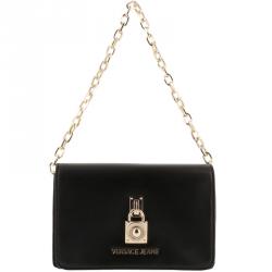 Versace Jeans Black Leather Chain Flap Bag