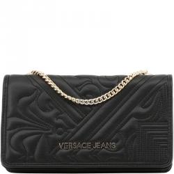 Pre Owned Versace Jeans Black Embossed Leather Chain Clutch Bag