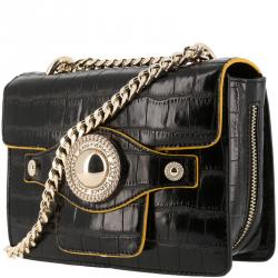 Pre Owned Versace Jeans Black Croc Embosed Leather Chain Crossbody Bag