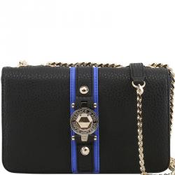 Pre Owned Versace Jeans Black Pebbled Faux Leather Chain Flap Bag
