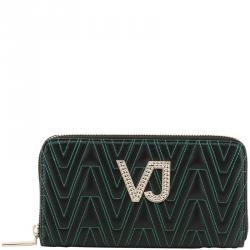 Versace Jeans Black Faux Signature Leather Zip Around Wallet