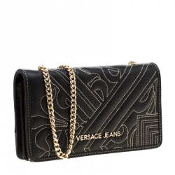 Pre Owned Versace Jeans Black Quilted Faux Leather Chain Clutch Bag