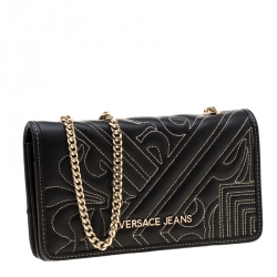 Pre Owned Versace Jeans Black Quilted Faux Leather Chain Clutch Bag