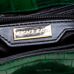 Pre Owned Versace Jeans Green Croc Embosed Faux Leather Chain Crossbody Bag