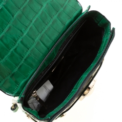 Pre Owned Versace Jeans Green Croc Embosed Faux Leather Chain Crossbody Bag
