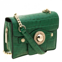 Pre Owned Versace Jeans Green Croc Embosed Faux Leather Chain Crossbody Bag