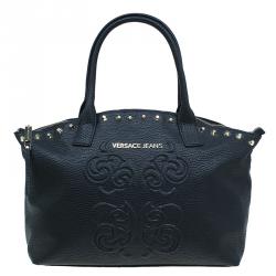 Pre Owned Versace Jeans Black Pebbled Leather Crystal Studs Shopping Tote