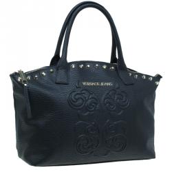 Pre Owned Versace Jeans Black Pebbled Leather Crystal Studs Shopping Tote