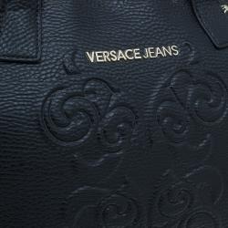 Pre Owned Versace Jeans Black Pebbled Leather Crystal Studs Shopping Tote