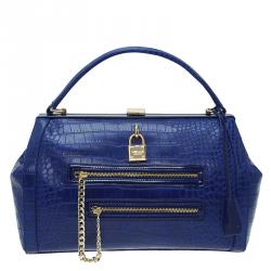 Versace Jeans Blue Croc Embossed Leather Satchel