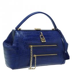 Versace Jeans Blue Croc Embossed Leather Satchel