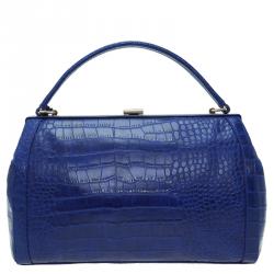 Versace Jeans Blue Croc Embossed Leather Satchel