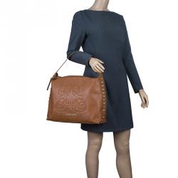 Versace Jeans Brown Pebbled Leather Crystal Studs Hobo