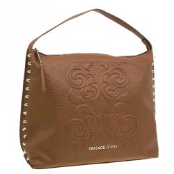 Versace Jeans Brown Pebbled Leather Crystal Studs Hobo