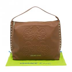 Versace Jeans Brown Pebbled Leather Crystal Studs Hobo