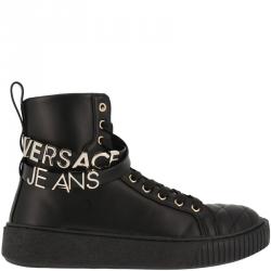 Pre Owned Versace Jeans Black Leather High Top Sneakers Size 36